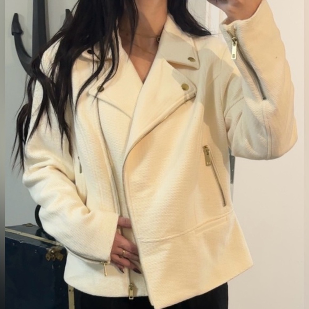 INC International Concepts Cream Blazer Textured Moto Style
